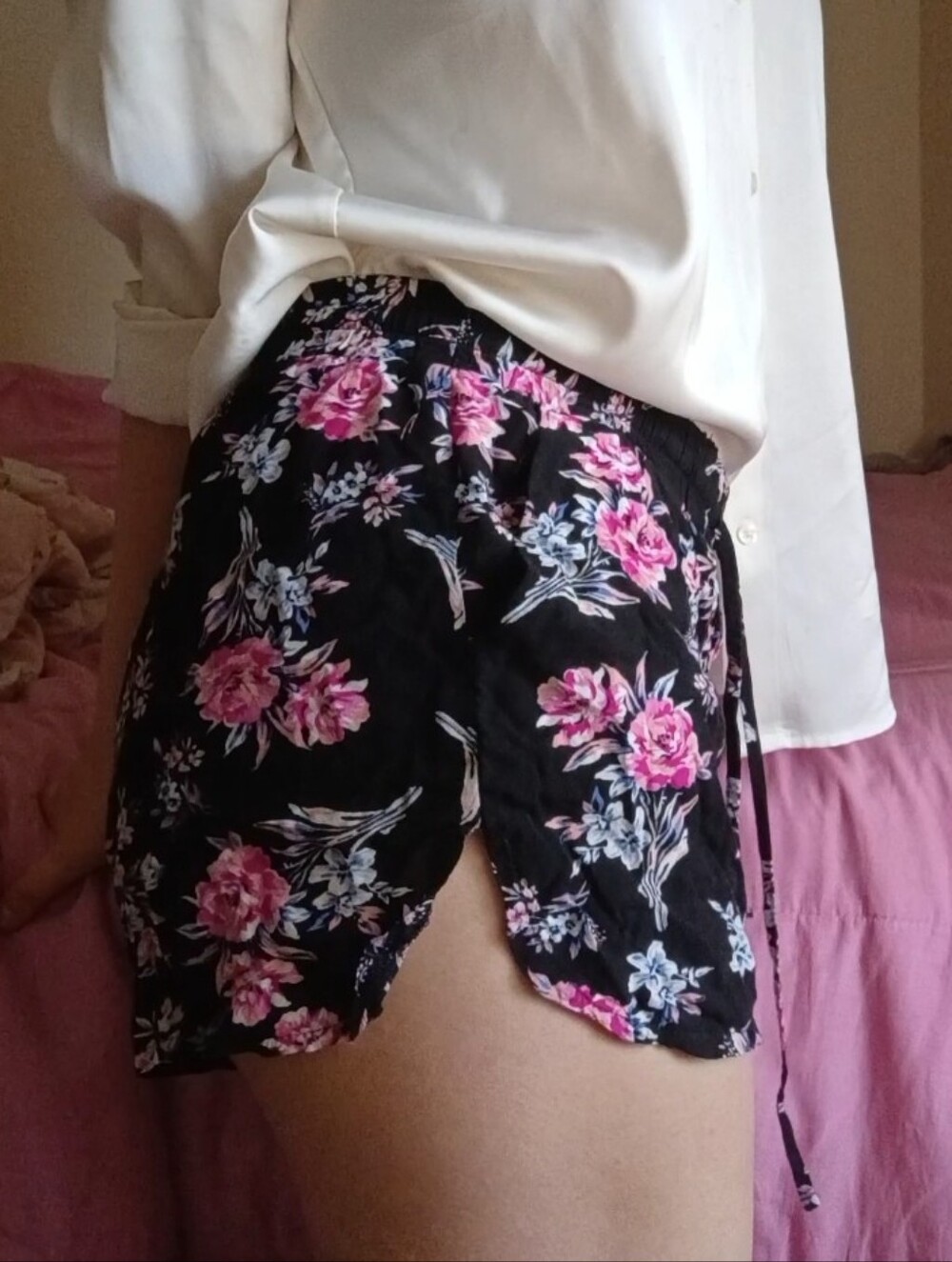 Pink Black and Blue Loose Floral Shorts
